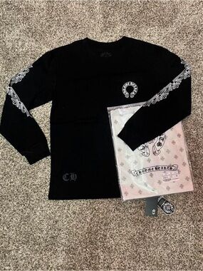 Chrome Hearts Black Long Sleeve Tee with White Sleeve Motifs